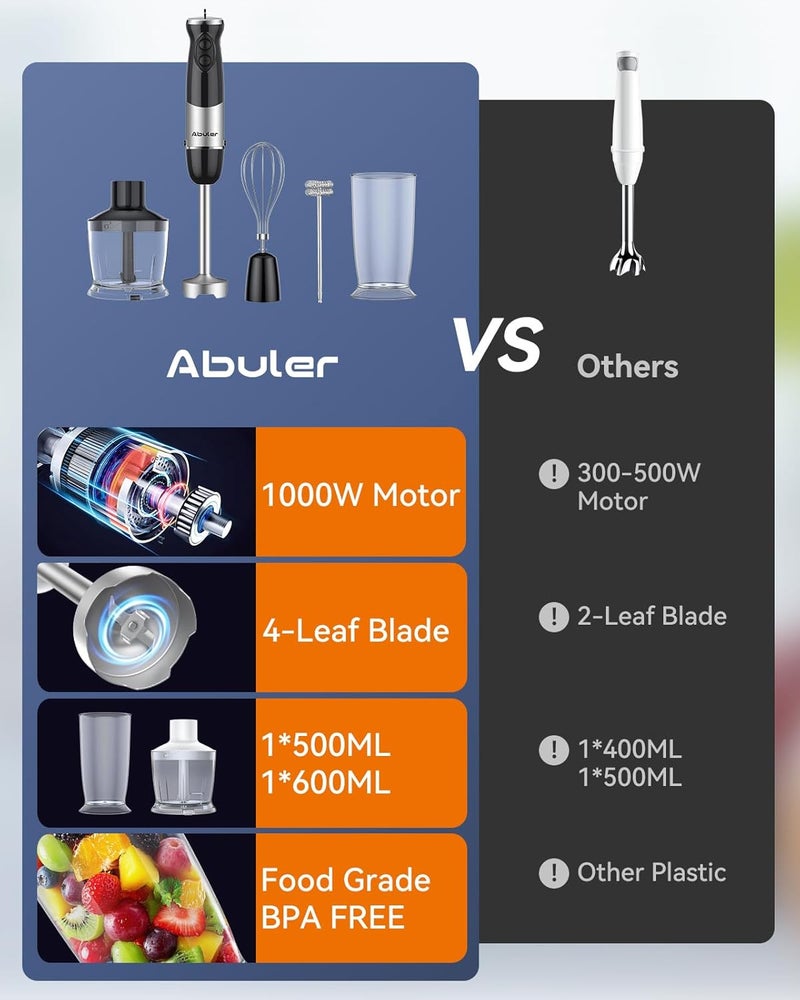 Abuler Immersion Blender Handheld 1000W 5 in 1 Corded Stick Hand Blender Kitchen with 12 Speed, BPA-Free, Mixing Beaker, Chopper, Whisk, Milk Frother, Perfect Emulsifier for Soup, Baby Food, Sauce, Puree - Image 3